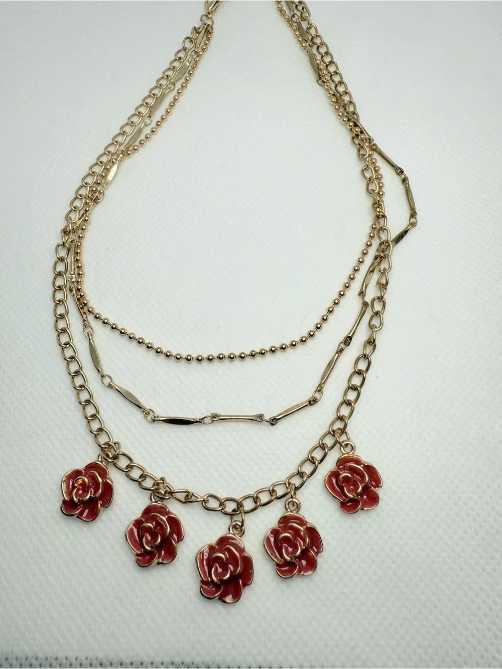 Disney! Gold-Tone Layered Necklace with Red Rose Charms